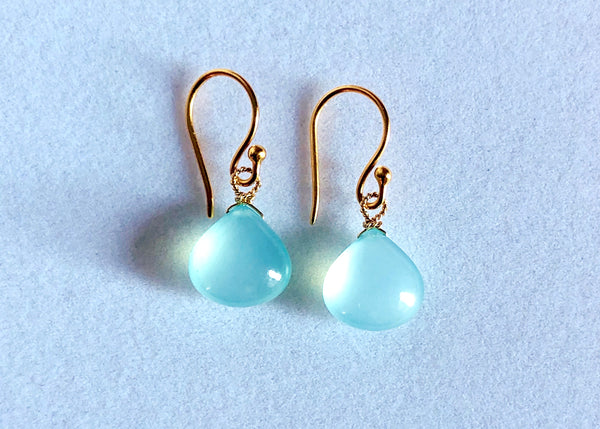 Smooth blue chalcedony drop earrings on 24K vermeil earwires,Stephany Hitchcock Designs, www.StephanyHitchcock.com, Bridesmaid's gift, gift for girlfriend, gift for her, birthday jewelry, natural gemstones