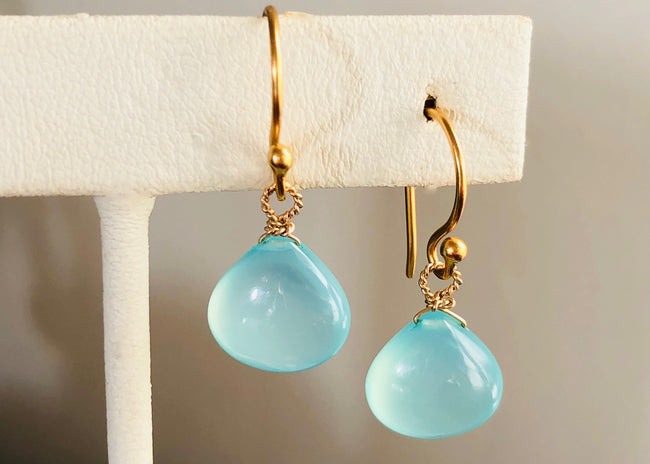 Smooth blue chalcedony drop earrings on 24K vermeil earwires,Stephany Hitchcock Designs, www.StephanyHitchcock.com, Bridesmaid's gift, gift for girlfriend, gift for her, birthday jewelry, natural gemstones