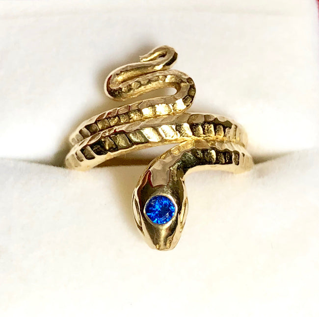 Classic Snake Ring with Syn Sapphire, Classic Snake ring, Snake ring, snake ring with scales, vintage snake ring, Stephany Hitchcock Designs, gift for her, gift for girlfriend, birthday gift wife, spiritual gift, special gift for her