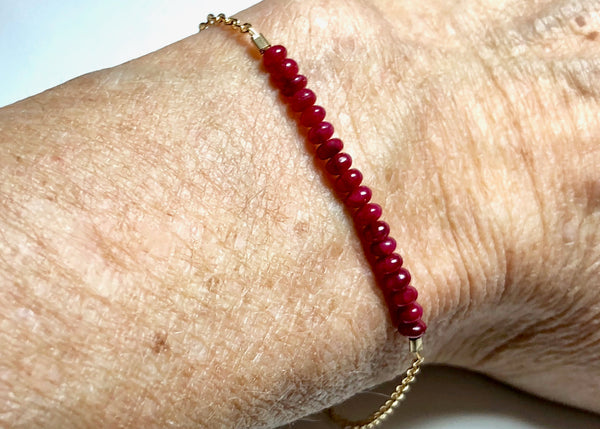 Ruby rondelle bracelet, 14K g/f, ruby bracelet, ruby accents, adjustable Ruby bracelet, women's Ruby rondelle bracelet, women's ruby bracelet, delicate ruby bracelet, Mother's Day Ruby bracelet, July birthstone bracelet, Bridesmaid's bracelet