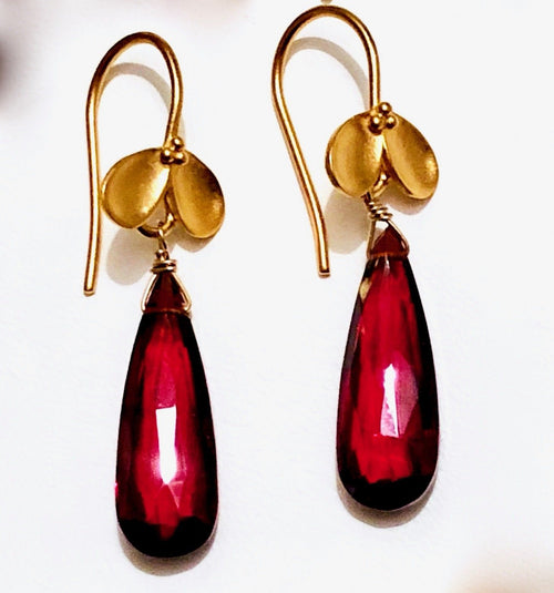 Red garnet drop earrings, 24K vermeil petal earwires