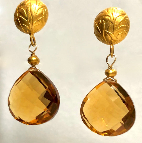 Citrine drops on  24K vermeil "leaf" posts, Citrine earrings, Stephany Hitchcock citrine  earrings, November Birthstone,  Hand made, Citrine, elegant citrine earrings , citrine and gold