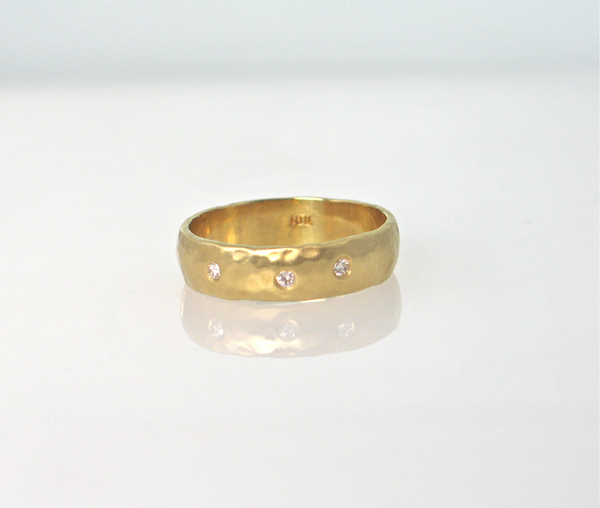 18K yellow gold 5mm flat hammered band, matte finish style. R420, 3 diamonds. Available in other sizes, and, in 18K or 14K  rose, white, yellow or green gold, or platinum  with or without diamonds. Stephany Hitchcock Designs, www.StephanyHitchcock.com