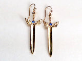 winged sword earrings, winged sword  earrings with gem, golden winged sword earrings,