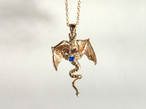 Flying Dragon necklace on chain, Dragon necklace with gem, dragon necklace, golden bronze dragon necklace, horned dragon necklace