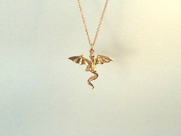 Flying Dragon necklace on chain, Dragon necklace, golden bronze dragon necklace