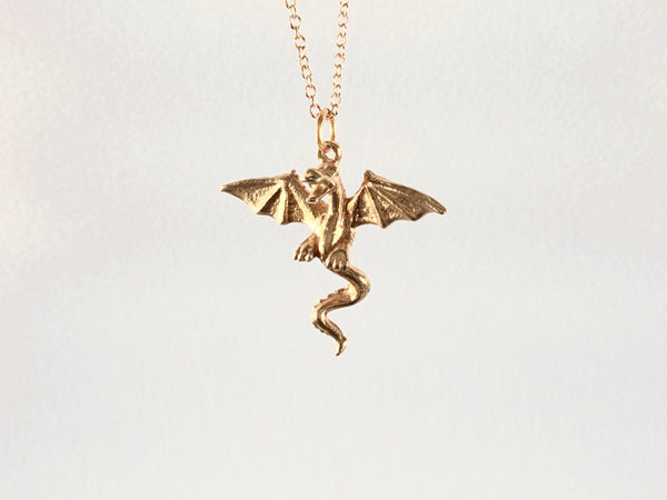 Flying Dragon necklace on chain, Dragon necklace, golden bronze dragon necklace