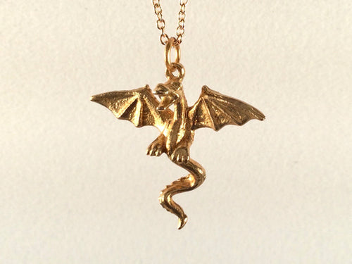 Flying Dragon necklace on chain, Dragon necklace, golden bronze dragon necklace