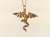 Flying Dragon necklace on chain, Dragon necklace, golden bronze dragon necklace