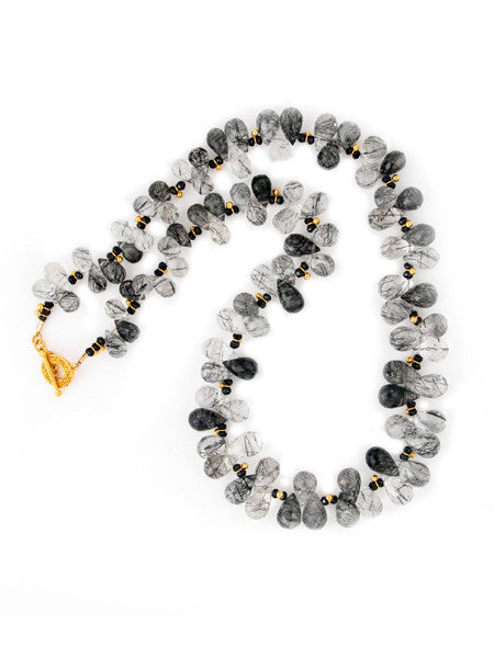 Tourmalinated quartz and black spinel necklace with vermeil beads and toggle clasp