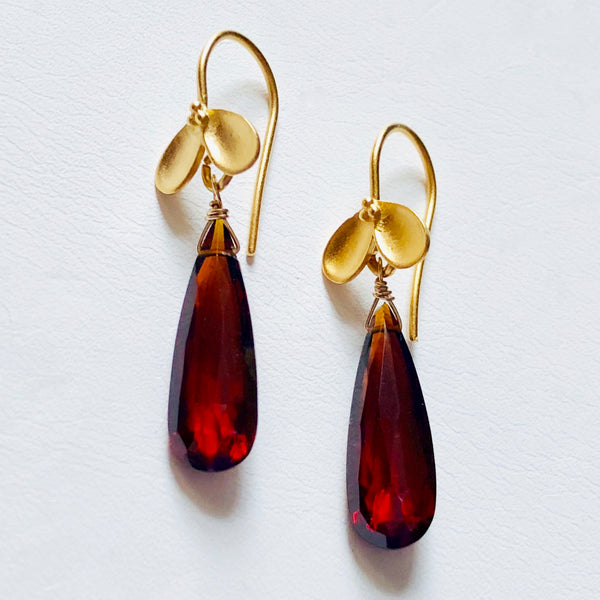 Red garnet drop earrings, 24K vermeil petal earwires