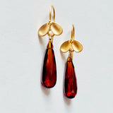 Red garnet drop earrings, 24K vermeil petal earwires