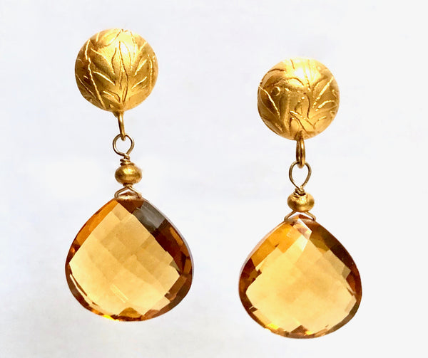 Citrine drops on  24K vermeil "leaf" posts, Citrine earrings, Stephany Hitchcock citrine  earrings, November Birthstone,  Hand made, Citrine, elegant citrine earrings , citrine and gold 