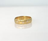18K yellow gold 5mm flat hammered band, matte finish style. R420, 3 diamonds. Available in other sizes, and, in 18K or 14K  rose, white, yellow or green gold, or platinum  with or without diamonds. Stephany Hitchcock Designs, www.StephanyHitchcock.com